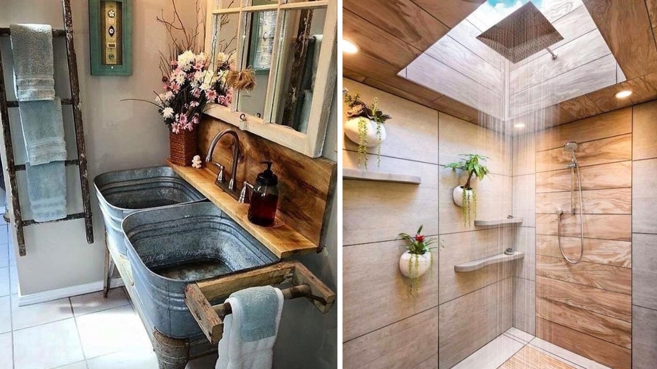 Encimeras de color terracota en baños rústicos grandes: naturalidad cálida y majestuosa